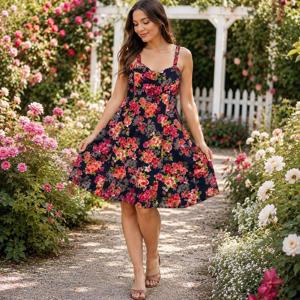Floral Sundress Petite 16P Navy Rose Print Fit Flare Garden Party Vacation Dress
